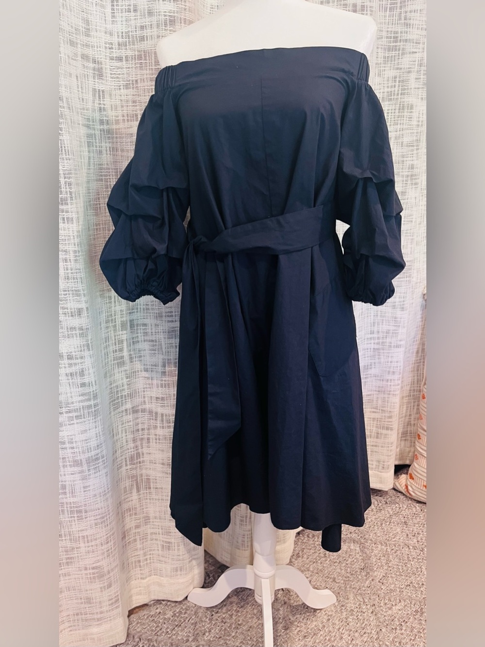 Gracia Off shoulder Navy Dress SMALL Shift A-Line Cotton Puff 3/4 Sleeves